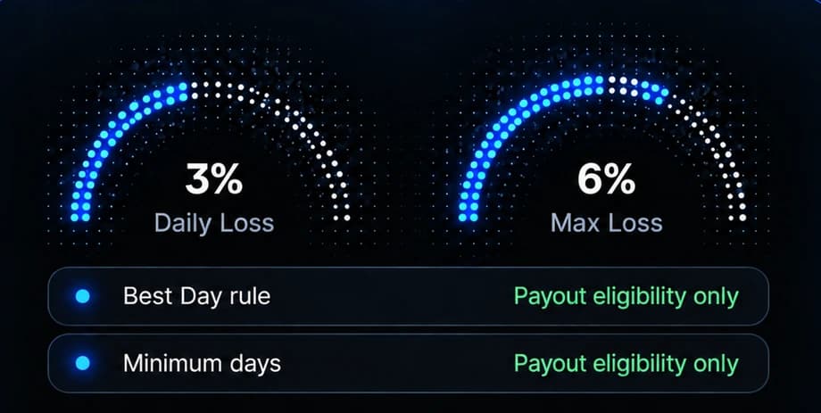 Two dial gauges reading 3% Daily Loss and 6% Max Loss, above rows marking the Best Day rule and minimum days as payout eligibility only